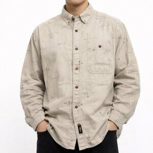 Woolrich Fishing Print Shirt XL Beige Outdoor Workwear Cotton Casual Heritage